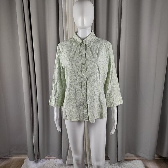 Kim Rogers Cotton Blend Green White Floral Pattern Button Down Shirt Size Large - Picture 1 of 12